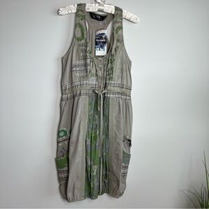 Desigual Patchwork Beige Green Graphic Art Festival Boho Mini Dress 40 M NEW